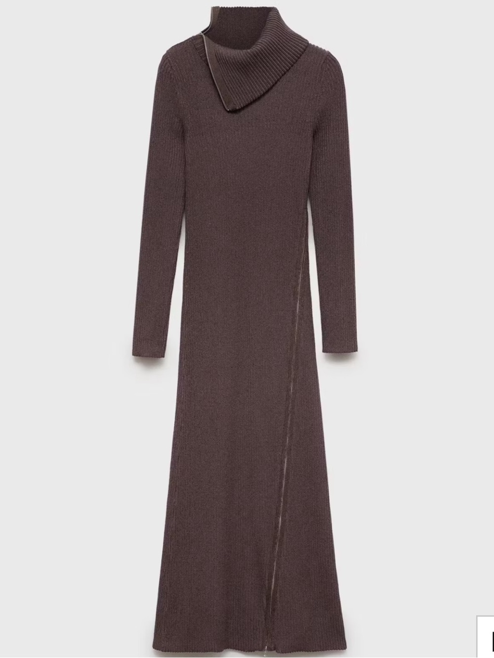 Ribbed Lapel Zipper Collar Dress in Brown